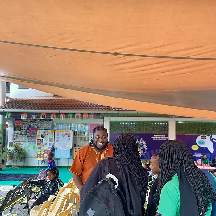 Bernard signing books and speaking with readers